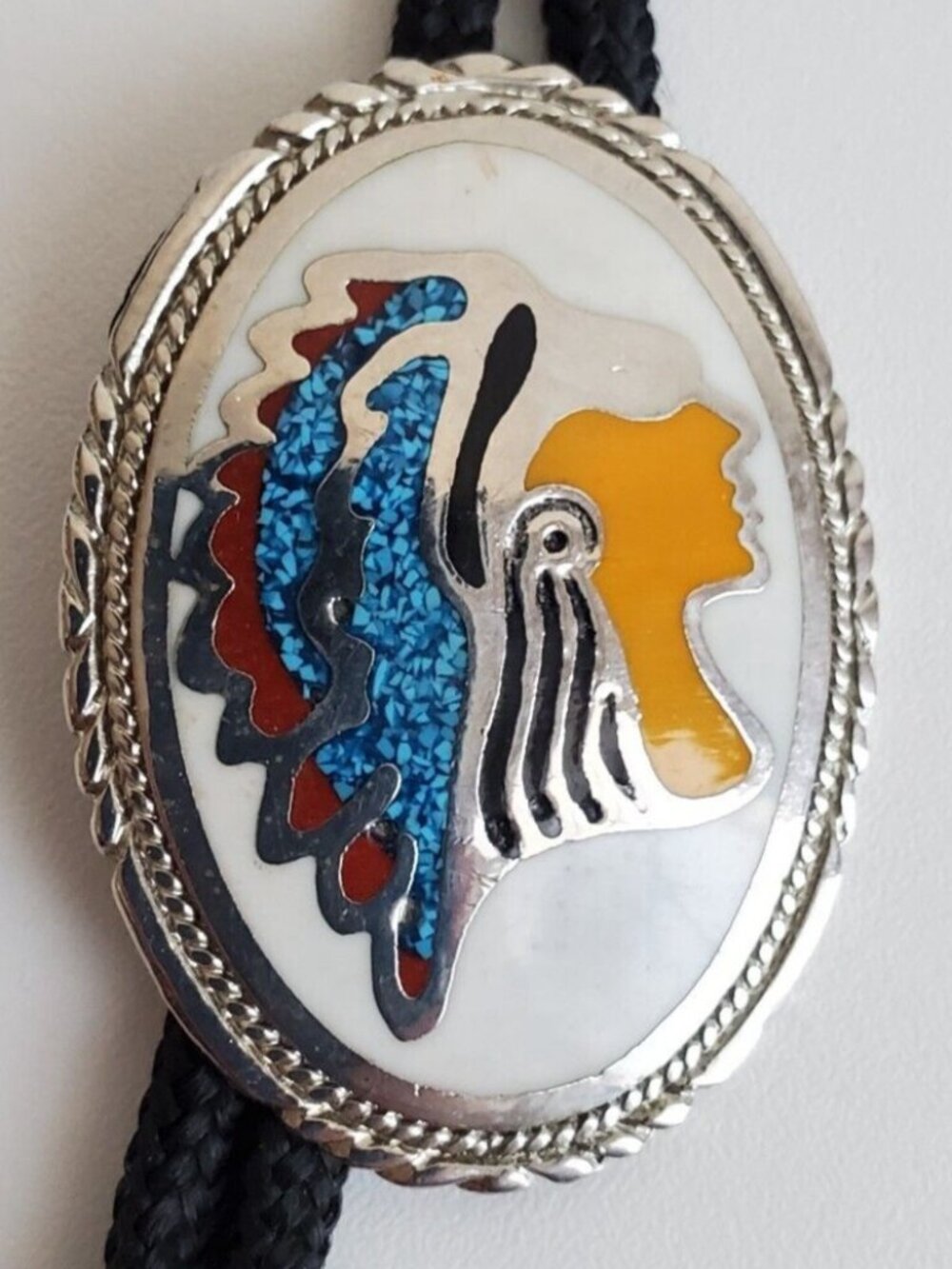 Bolo Tie Chief Headdress Southwestern Style Blue Inlay Silver Tone Black Cord